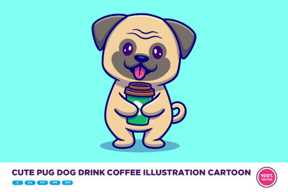 Cute Pug Dog Drink Coffee Illustration
