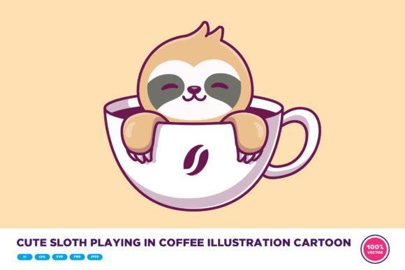 Cute Sloth Playing in Coffee Cartoon