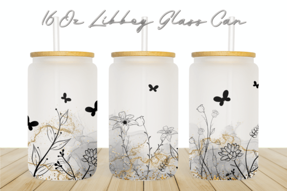 Flower Butterfly 16Oz Libbey Glass Can