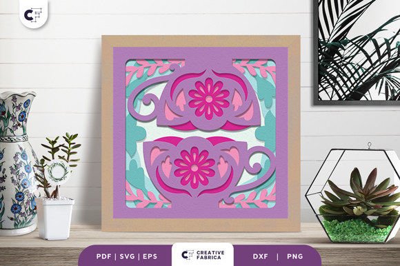 Folk Art Tea Cup 3D Shadow Box SVG